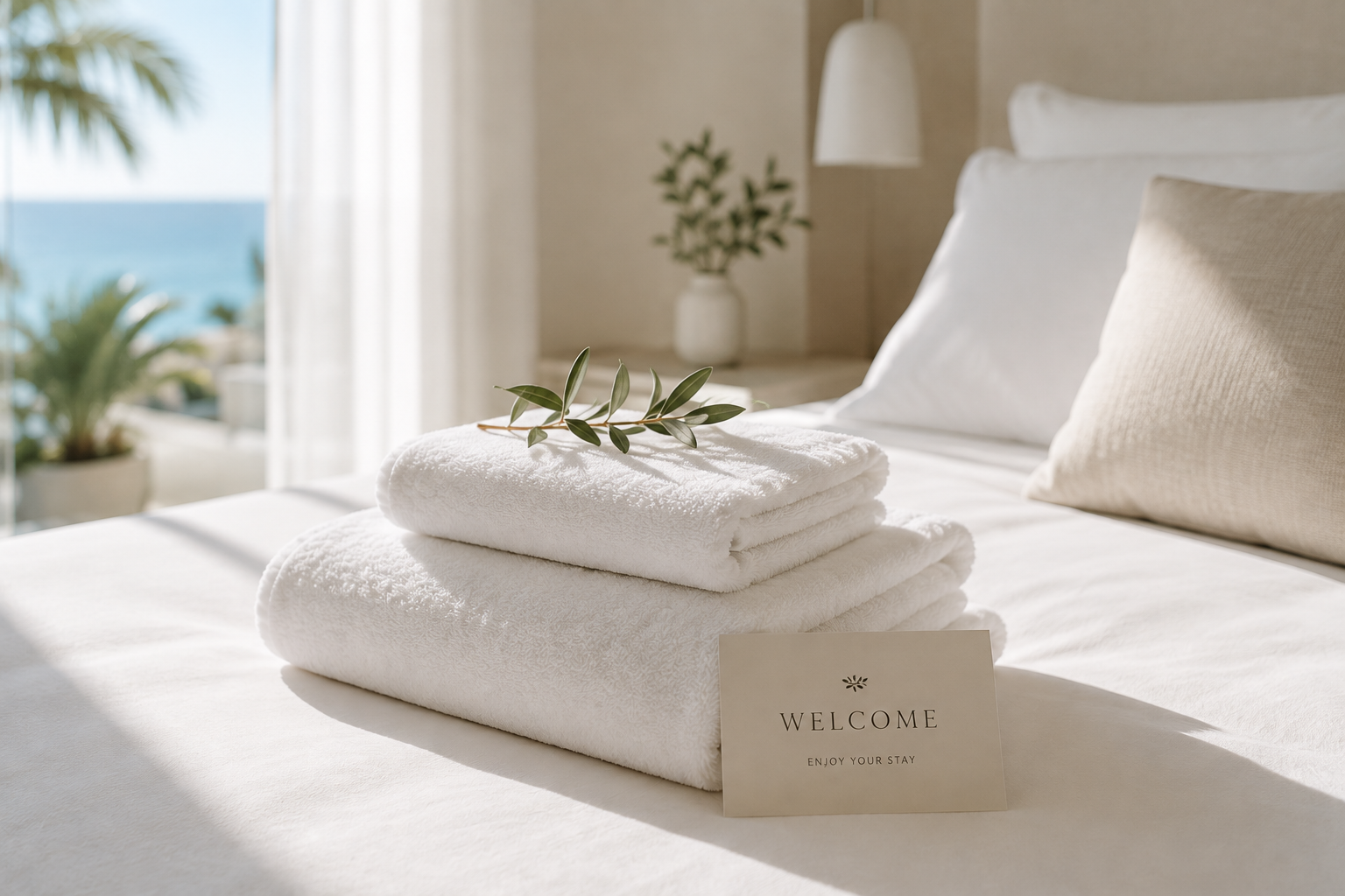Fresh white towels on a bed, prepared for a guest's arrival